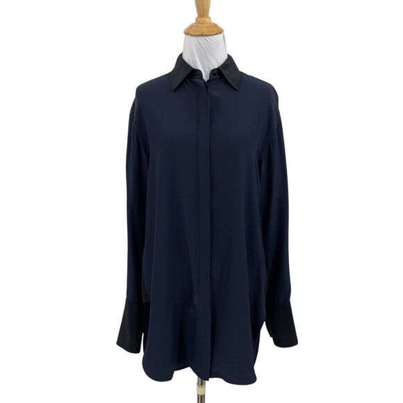 Rag & Bone Shirt Womens XS Extra Small Navy Black Silk Hidden Button Shirttail - Picture 1 of 11